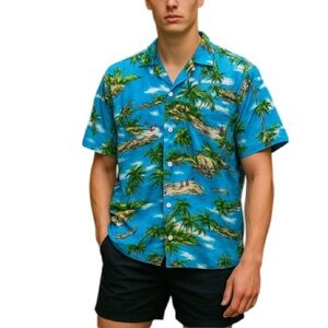 BANEE Vtg Camp Collar Shirt Blue Tropical Print Short Sleeve Rayon Hawaiian S